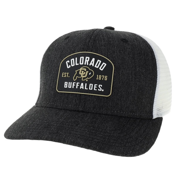 A black hat with a rubber patch that says "Colorado Buffaloes" in white and features the CU Buffalo logo and year of establishment in gold. The back of the hat is white mesh.